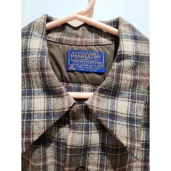 Vintage 1960 60s Pendleton Wool Board Flannel Plaid Loop Collar Flap Pockets L - Picture 2 of 8